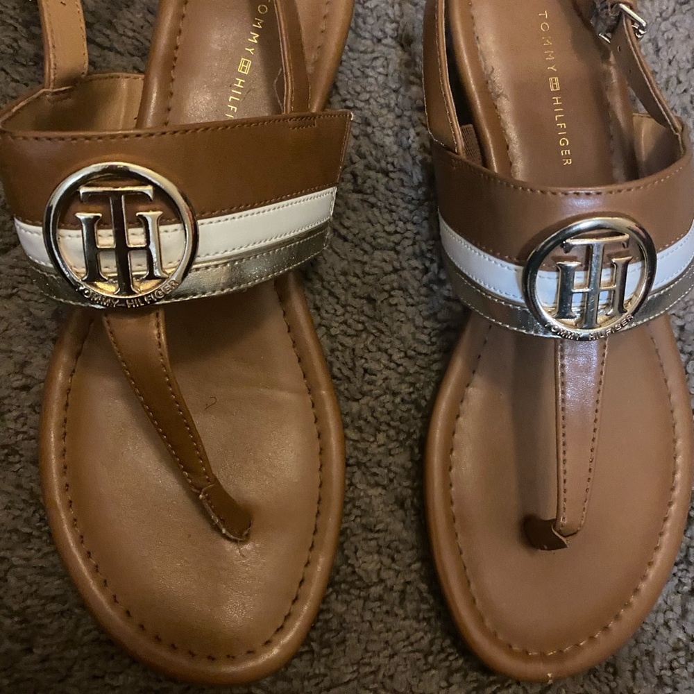 Tommy Hilfiger Brown and White Sandals with Wide Strap